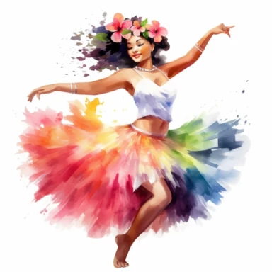 4 watercolor hawaiian hula dancer and flowers clipart, white background, spaced out, hd--v 5.1