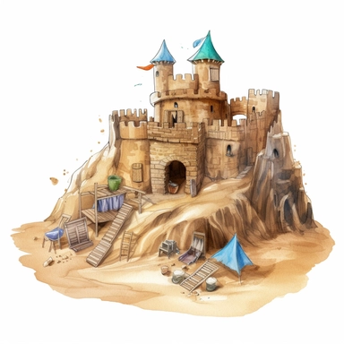 sand fort on a beach fort next to a kid clipart illustration white background detailed watercolor 8k
