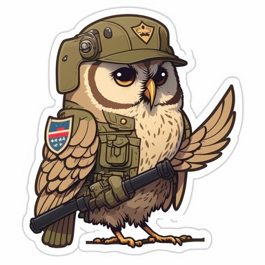 sticker design of a owl wearing military helmet and soldier uniform, anthro, cartoon style, telegram sticker, vector sticker, furry art, clipart, white background, flat colors