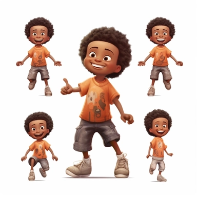 cute little brasilian black boy, different positions, clipart, high resolution