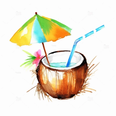 coconut coctail drink, with flower in the drink, with umbrella, with flower, watercolour clipart, emoji illustration, summer, white background, animated shape,