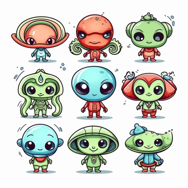 cute alien cliparts in hand drawn vector illustration on white background.