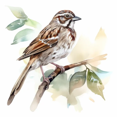 a single watercolor Song Sparrow sitting on a leafy branch clipart, hd, white background, spaced out