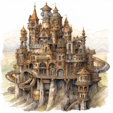 Watercolor hyperdetailed ultra realistic clipart of steampunk fictional worlds like Middle Earth, Hogwarts, or Narnia, including intricate details such as famous landmarks, architecture, and landscapes