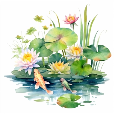 Watercolor Lily Pond Clipart, lily pad and frog pond, CLIPART, fish and birds