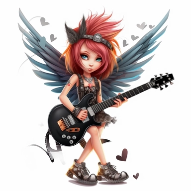 a beautiful fairy, punk rock star with guitar, cartoon, big wings, clipart, white background