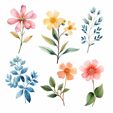 unique watercolor, handpainted floral clipart, transparent background, 6 elements evenly spaced out by 1 inches
