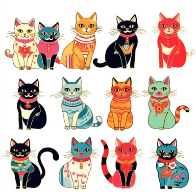 70s vintage kitsch cat illustration variations clipart on a white background