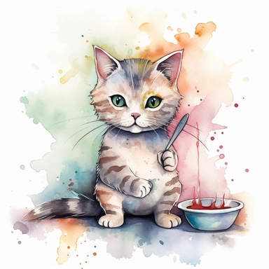 a cat holding a knife and fork at a dinner table, painted with watercolor, background is watercolor splash, clipart, solid background