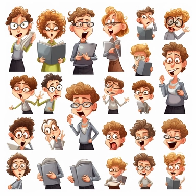 25 female teacher clipart, scared and happy, funny, children book style, hyperdetailed,
