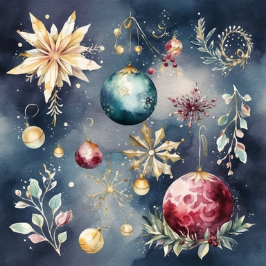 Design a collection of watercolor clipart images featuring elegant Christmas motifs such as snowflakes, stars, and ornaments. The images should have a sophisticated, upscale feel with clear lines and rich, luxurious hues. The clipart should be suitable for use in upscale holiday party invitations and other similar projects