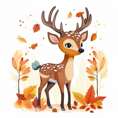 cute vivid clip art of an adorable deer in a fall season forest, bold color, white background