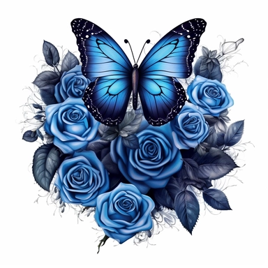 Dark fantasy blue roses butterfly Clipart, Cartoon, hyper realistic, intricate detail, illustration style, high resolution, on the white background