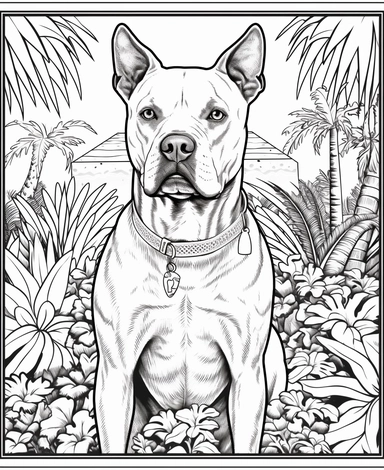 expert coloring page style of Pit Bull Dog breed Clipart, simple garden background, simple line art, line is crisp and clean, easy to color, masterpiece
