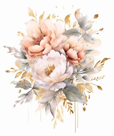 dreamy bohemian watercolor peony flowers clipart, dusty PINK WILDFLOWERS, VINTAGE VICTORIAN STYLE, fairy style, muted color, accent gold color, watercolor touch, A dusty blue floral card with gold accents, with elements of leaves, wildflowers, elegant, light, airy, fresh, classy, modern, minimalist design, no borders, the overall aesthetic exudes luxury and delight, no text or writing, includes blank space for text and writing, WHITE background, watercolor splashes, FOR CARD, hd, white backgroun