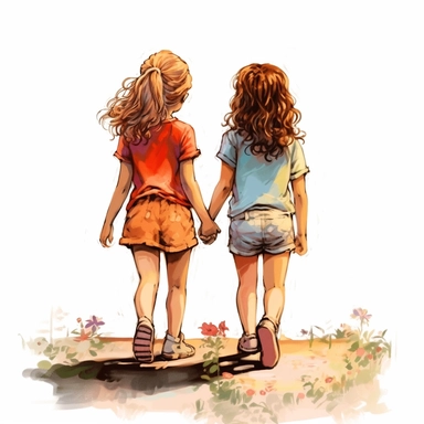 a back profile view of 2 little girls walking, best friends holding hands, clipart