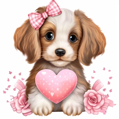 a very cute cuddly eyes happy puppy wearing a pink coat giving out heart's clipart Easter spring bunny scrapbooking Crafton digital paper white background