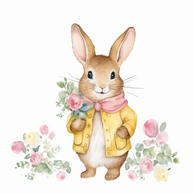 Watercolor svg clipart of a cute cartoon adorable Peter rabbit kawaii animal, illustration by Beatrix potter , pastel yellow jacket with yellow flowers, png isolated on white background