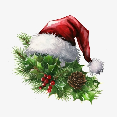Christmas Santa Hat Clipart, lateral view, clipart, transparent background, clear background, green leaves, high resolution, watercolor, vector, 12k, 300 dpi, 12: 12 ratio