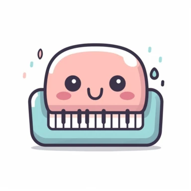 Cute clipart icon of musical keyboard, kawaii, anime style, in white background, soft color blending, rounded