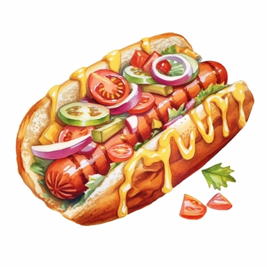 an enchanting watercolor, hyper-realistic clipart image with a white background and white margins, featuring a Sonoran hot dog wrapped in bacon and topped with pinto beans, onions, tomatoes, mayonnaise, mustard, and jalapeño salsa. The ultra-detailed, hand-drawn elements capture the layers of flavors and textures in this unique hot dog. Use whimsical touches to add a touch of Southwest charm, and bold shades of various colors to evoke the fusion of Mexican and American influences in this regiona