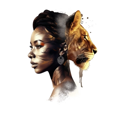 A clipart of a half beautiful black woman and half beautiful lioness mixed together in a unique way. White background
