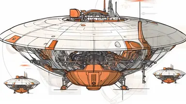 Clipart image of a simple science fiction flying machine with a military air, flying saucer-like shape with a glass shroud and a device at the bottom that can fire attacks, using mainly orange, white and blue colors, less detail in the picture, Japanese manga, white background, sharp angles and contrasts, clear outline design draft by Justin Roiland and Yoji Shinkawa