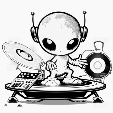 cute clipart An alien DJ mixing music on a set of glowing turntables with speakers emitting sound waves. with aliens on alien planet coloring book with no background, thick, clear, lines, only black and white