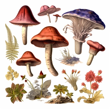 Clipart, vintage, watercolor, Charles Darwin, fungi, chromista, plantae, morfologia floral, hand drawn, texture