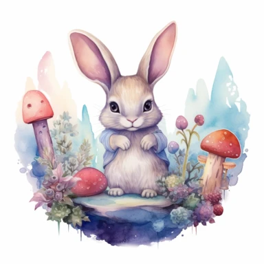 a whimsical, dreamy image of a cute bunny surrounded by elements inspired by fairy tales, such as magical creatures and enchanted landscapes, watercolor style clipart