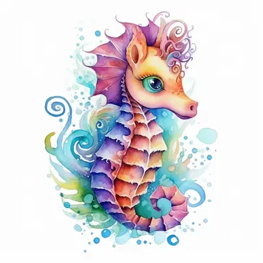 Cute Beautiful Fantasy colorful Baby seahorse Watercolor clipart,Cartoon, hyper realistic, intricate detail, illustration style,high solution,on the white background