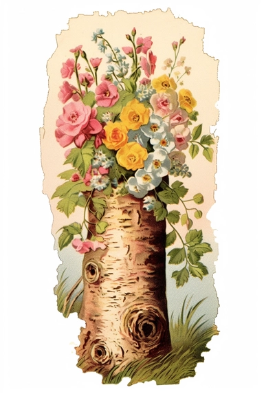 Vintage 1920 detailed Birch Tree Trunk With Flowers Illustration, Chromolithograph, Die Cut, 1920s Illustration, Vintage, Chromolithograph, Colorful, Antique, Ephemera, Clipart, 8k, Isolated on white
