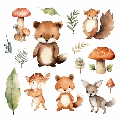 Clipart watercolor, newborn , cute boho neutral colors theme: cute Forrest animals, plants, leaves and logs, drawings on a white background with a margin, drawing with watercolors , thing related to newborn, neutral colors, minimalistic, adorable, shabby chic ,baby nursery