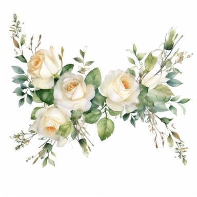 Adorable watercolor retro garland of different sises of white roses for wedding invitation, watercolor clipart, high quality clipart, no background, high details