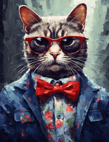 full body Cat Fashionista: Craft a cat clip art dressed in stylish clothing, with accessories like sunglasses, a handbag, or a bowtie. The cat can have a confident pose, showcasing its fashion sense. This fashionable feline represents style, elegance, and self-expression. oil painting by van Gogh 8k ultra detail high sharpness ultra detail