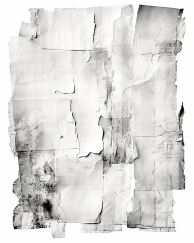 distressed low resolution monochrome photocopy, abstract found paper collage textures, clipart bitmap with dithering on crumpled white paper, smudges, poor image quality, faded, low toner
