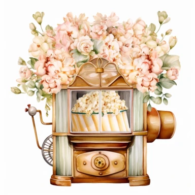 A realistic high detailed watercolor wedding popcorn machine, pastel colors, in the style of digital print, clipart, illustration, sticker, ultra high definition, rich details, 32K, HD