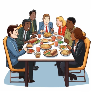 a multicultural lunch between coworkers where veryone brings a meal from their cultural origins. The image has a clear colored background and some white space on top of the image. The ethnicities must be equally divided in number. Everyone is dressed prof