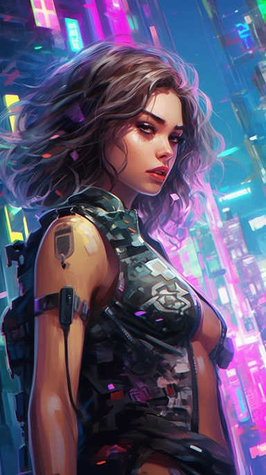 beautiful stunning pretty vintage cyberpunk anime girl, paint art style, clipart, city landscape background, superrealistic, one of a kind