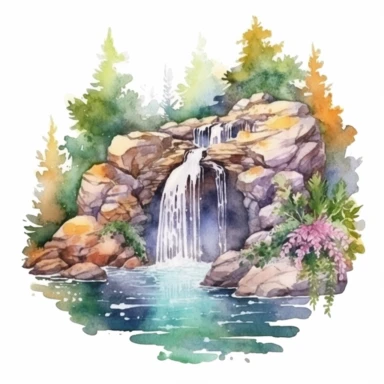 Clipart, isolated on white background, beautiful cute Watercolor Spring waterfalls through the stones, forest woodland nature landscape scenery, plants and flowers, ornated, pastel colors
