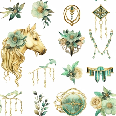 Draw a watercolor-style clip art images that feature objects related to an aesthetic adorned with floral designs. The images should have aesthetic, and should incorporate elements such as watercolor [gold] whimsical and cute illustration in watercolor of watercolour style fairy kei gold jewelled pearlescent baby pony with mint flowers with black ornaments on the body, in a Scandinavian folk art style with botanical and swirl motifs. light pink gold colors Traditional with a modern twist watercol