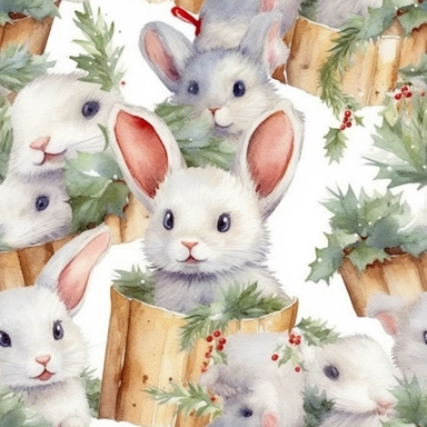 Seamless pattern, Watercolor realistic clipart, christmas bunny