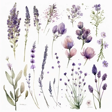 A serene and enchanting assortment of lavender wildflowers depicted in a watercolor clipart style, gracefully arranged on a pristine white background. The delicate brushstrokes capture the essence of each lavender bloom, showcasing their distinctive purple hues and slender stems. The watercolor technique adds a touch of fluidity and softness to the clipart, mimicking the gentle flow of paint on paper. The lavender flowers, painted with delicate layers of translucent purples and greens, emanate a