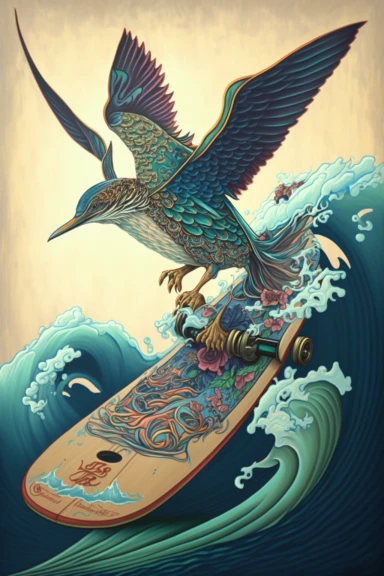 a painting of a standing cartoon himmingbird riding kanagawa wave on a longboard surfboard, behance contest winner, psychedelic art, paisley, beautiful waves in sea, james jean and clyde caldwell, clipart, hi - fructose art magazine, katherine lam, artgram, marc newsom, sovietwave,