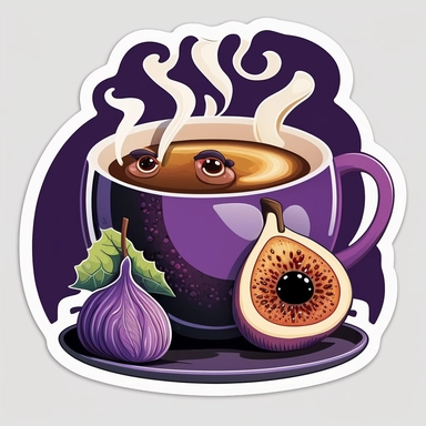 purple fig drinking coffee, cartoon clipart, sticker