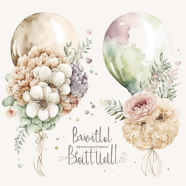 bridal balloons with flower boutique watercolor clipart, neutral colours, on white background, 8k