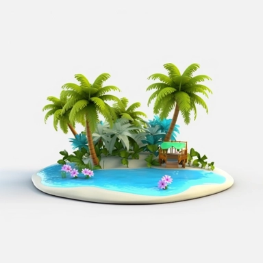 3d island paradise beach clipart in animation style, summer tropical theme, vacation, in solid white background, bright color, high resolution, 8K,