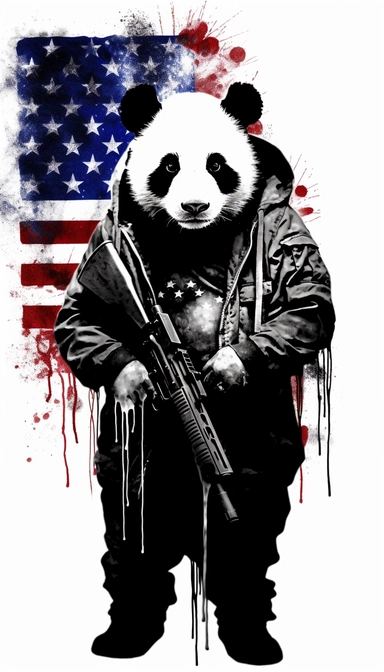 Panda dressed as a graffiti artist in vombat clothes holding a gun black and white, silhouette of American flag background, minimalist clip art by Mr. Brainwash