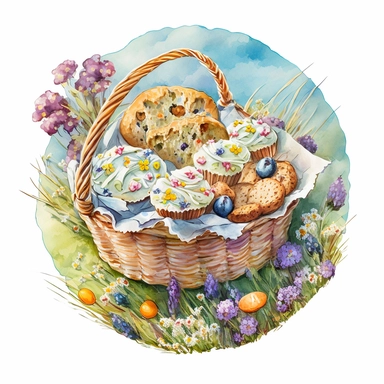 A beautifull basket full of Easter muffins lying on the grass,daisies and lavenders, a sunny day, a lively and coloured landscape, watercolour effect, Suitable for Digital Clipart , White Background, fantastic scene , Kids storybook style, detailed , ultra realistic , in a flowering circle frame