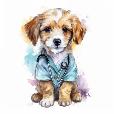 watercolor clipart, cute puppy, wearing a stethoscope and a white coat, working as a veterinarian, watercolor style, realistic, bright colors, 300 dpi, 8k, white and clear background, high solution